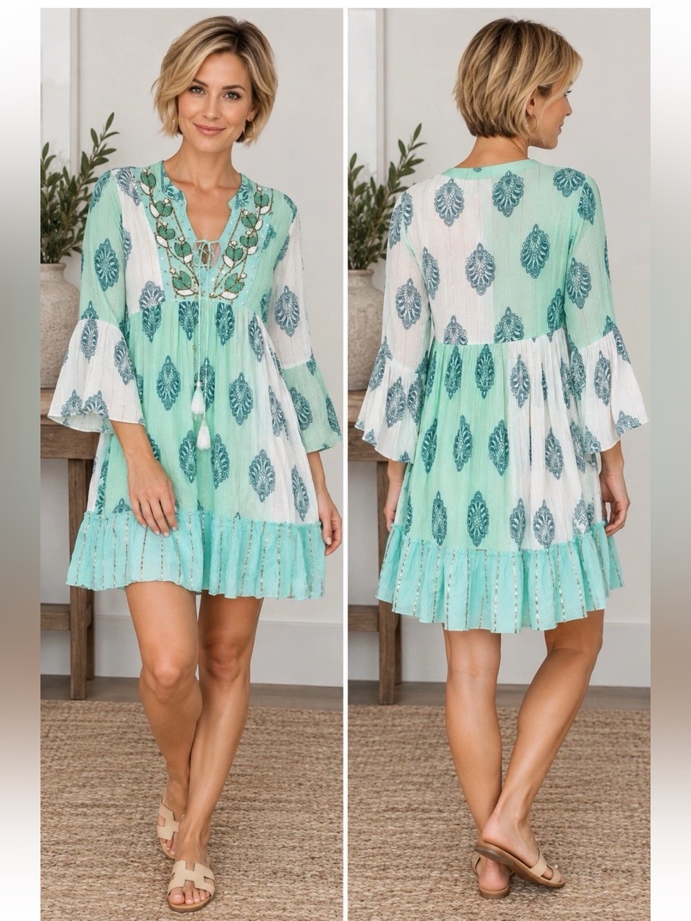 Baladeo Handmade India Beaded Boho Tunic Dress S Mint Green Bell Sleeve